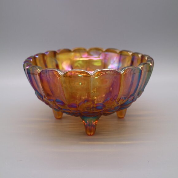 Indiana Harvest Grape Fruit Bowl Footed Marigold Carnival Glass Embossed Fruit - Picture 3 of 7